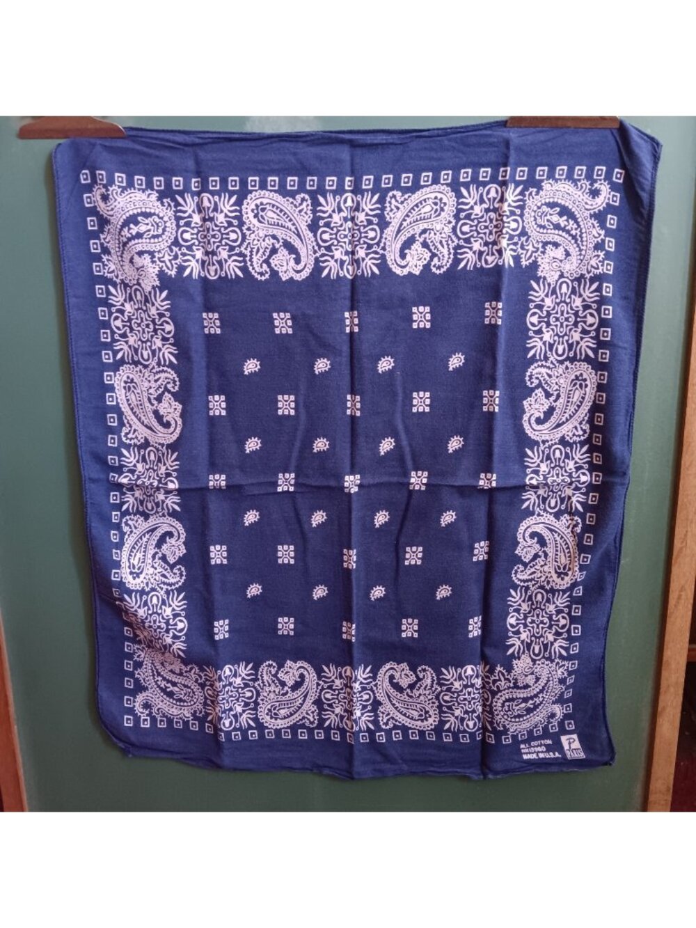 21x18" Vintage Hanky Blue Paisley Bandana Cotton USA Paris RN 15960 Bker Cowboy
